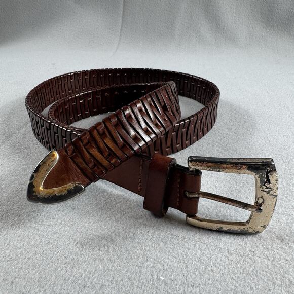 IZOD Men’s Brown Woven Leather Belt 36 Distressed Silver Buckle & Tip 90s VTG - Picture 1 of 8